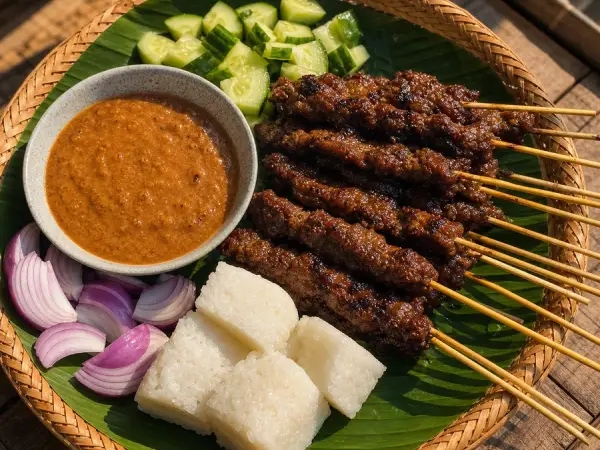 Malaysian Beef Satay with Cucumber Rice, finished dish