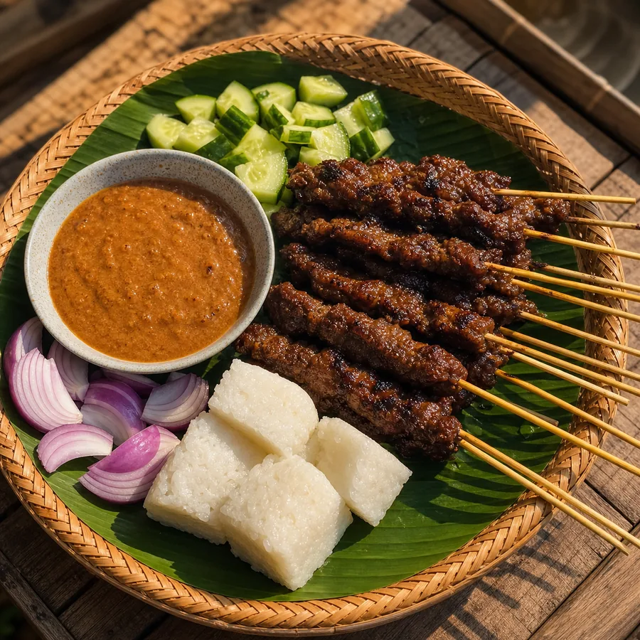 Malaysian Beef Satay with Cucumber Rice, finished dish