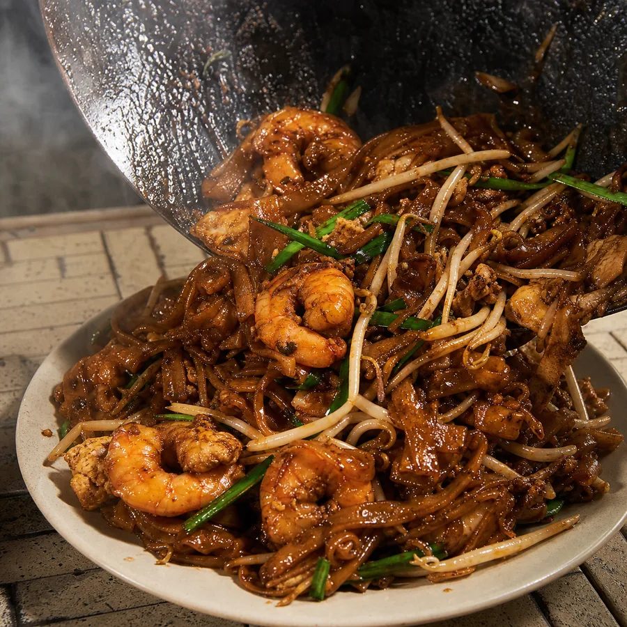 Malaysian Char Kway Teow with Shrimp, finished dish