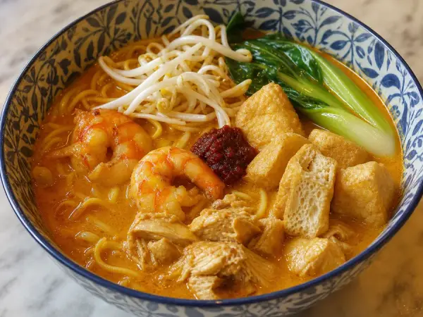 Malaysian Curry Mee with Tofu Puffs, finished dish