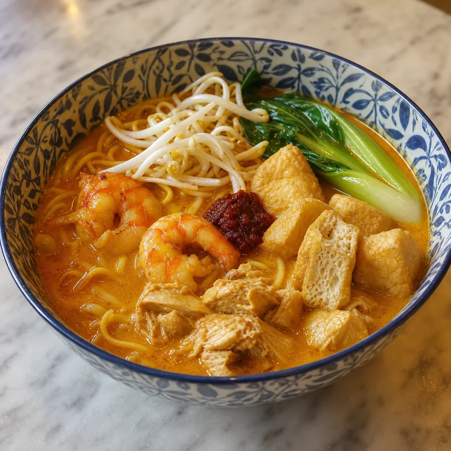 Malaysian Curry Mee with Tofu Puffs, finished dish