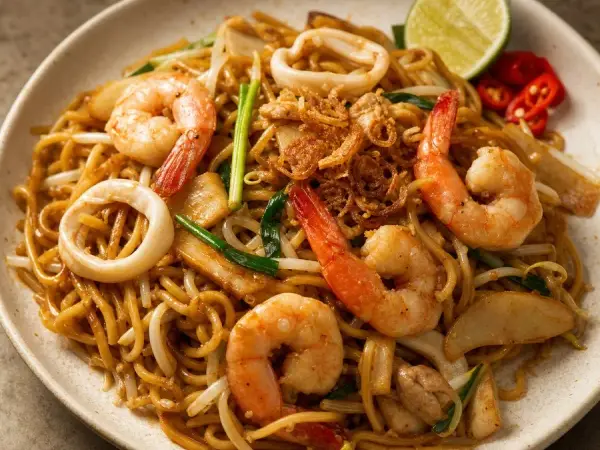 Malaysian Hokkien Mee with Shrimp, original finished dish food photograph
