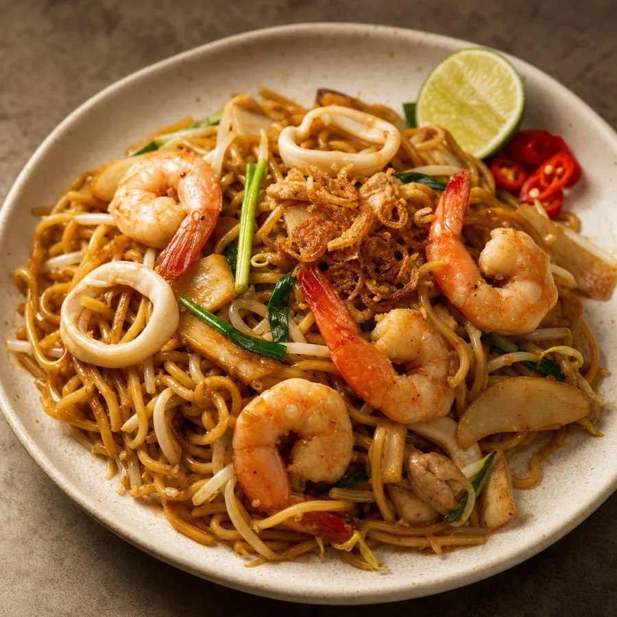 Malaysian Hokkien Mee with Shrimp, original finished dish food photograph