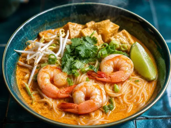 Malaysian-inspired coconut laksa noodles with shrimp, tofu puffs, bean sprouts, herbs, and lime