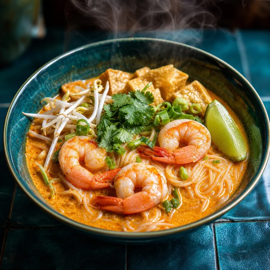 Malaysian-inspired coconut laksa noodles with shrimp, tofu puffs, bean sprouts, herbs, and lime