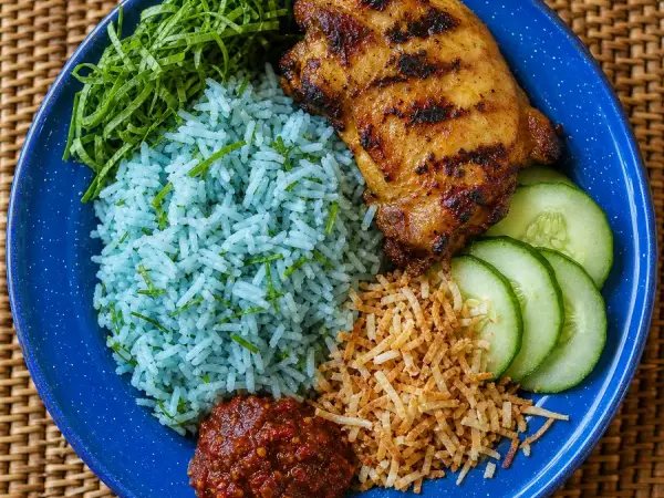 Malaysian Nasi Kerabu Chicken with Herb Rice, finished dish