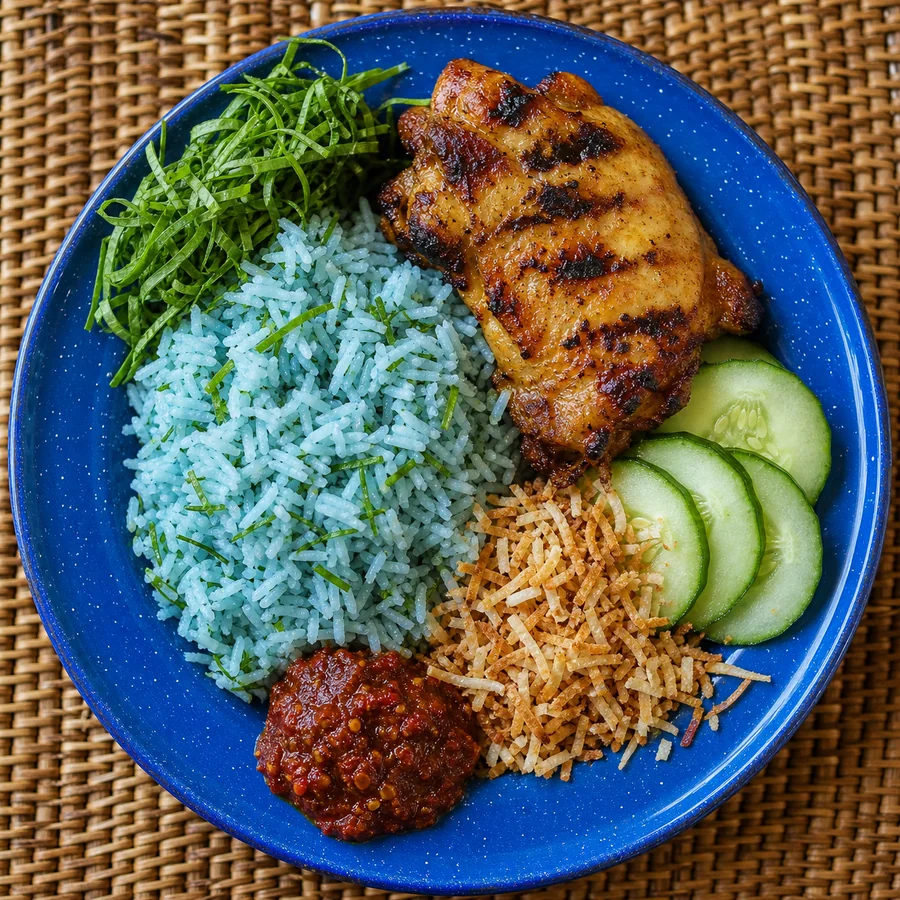 Malaysian Nasi Kerabu Chicken with Herb Rice, finished dish