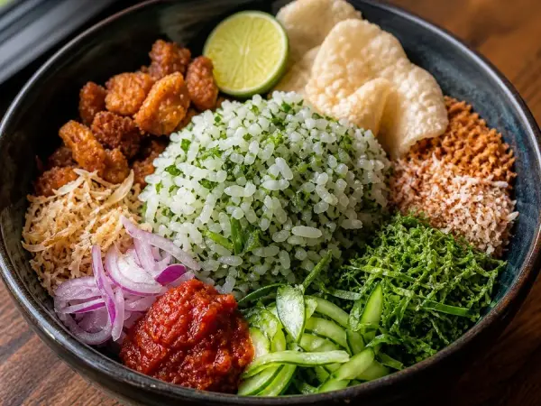 Malaysian Nasi Ulam Herb Rice Bowl, original finished dish food photograph