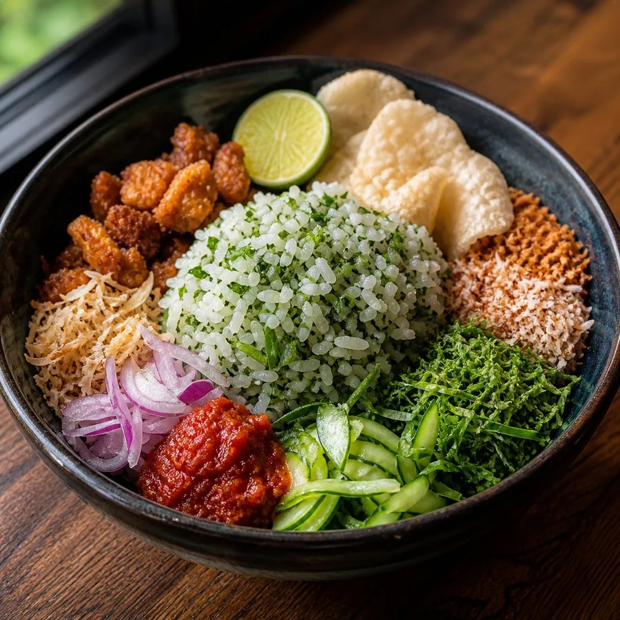 Malaysian Nasi Ulam Herb Rice Bowl, original finished dish food photograph