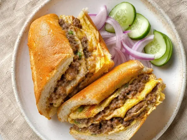 Malaysian Roti John Beef Sandwich, original finished dish food photograph