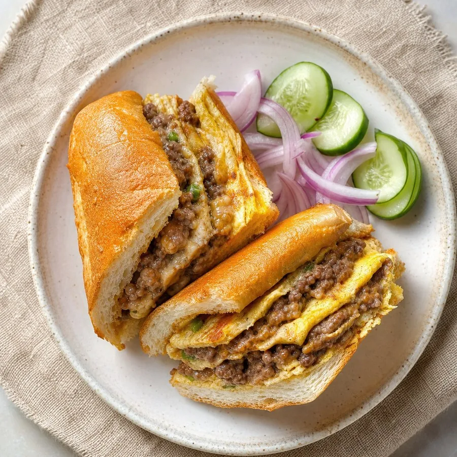 Malaysian Roti John Beef Sandwich, original finished dish food photograph