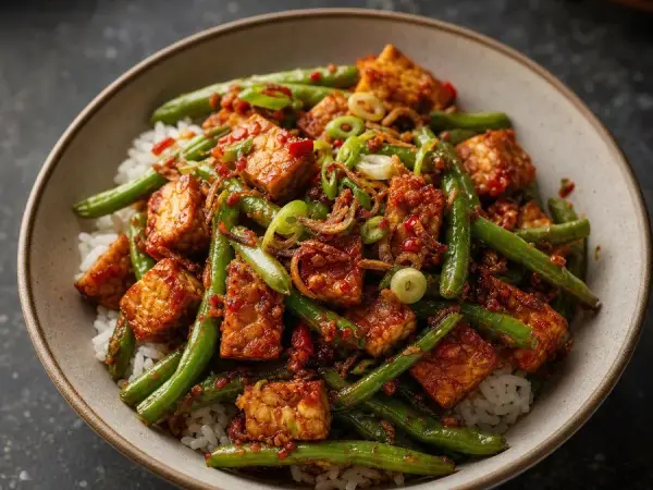 Malaysian Sambal Tempeh Green Bean Bowl, finished dish