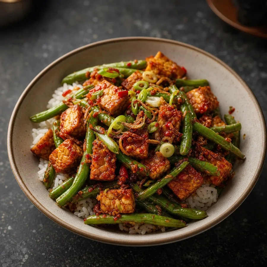 Malaysian Sambal Tempeh Green Bean Bowl, finished dish