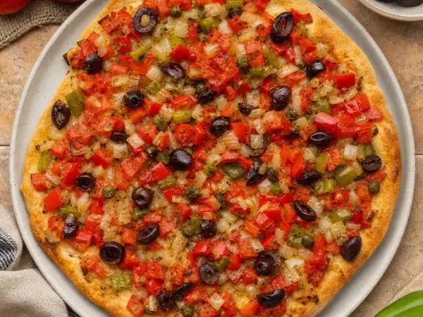 Mallorcan Coca de Trampó Vegetable Flatbread, plated and ready to serve