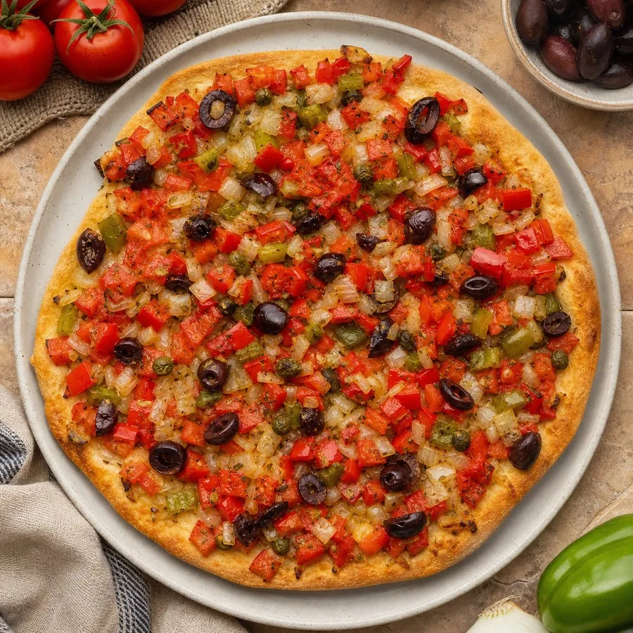 Mallorcan Coca de Trampó Vegetable Flatbread, plated and ready to serve