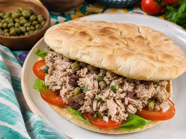 Maltese Ftira Tuna and Caper Sandwich, finished dish