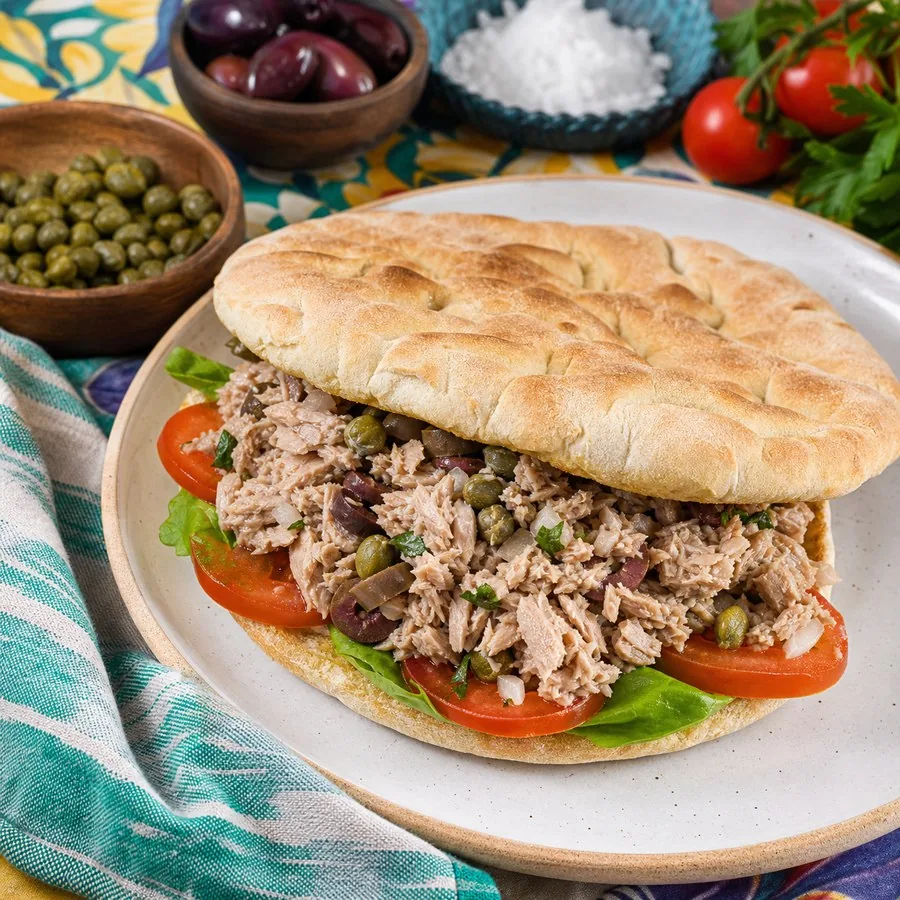 Maltese Ftira Tuna and Caper Sandwich, finished dish