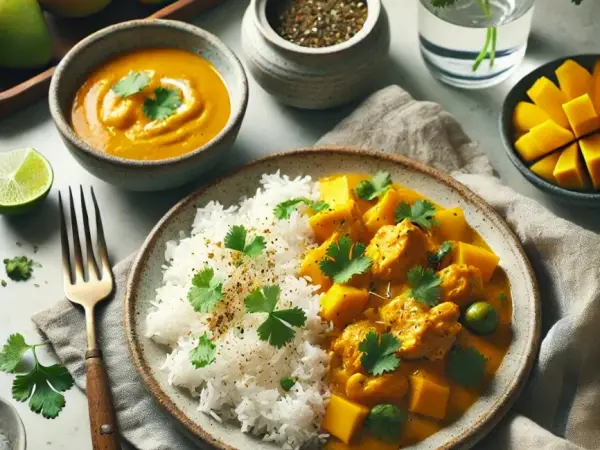 Mango Curry Chicken with Coconut Cilantro Rice, finished dish