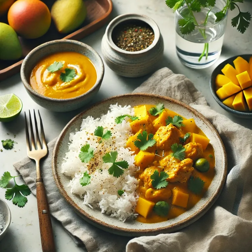 Mango Curry Chicken with Coconut Cilantro Rice, finished dish