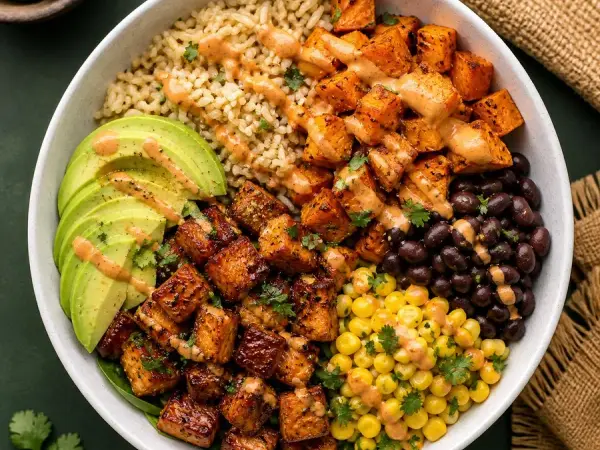 Maple Chipotle Tempeh Rice Bowls, finished dish