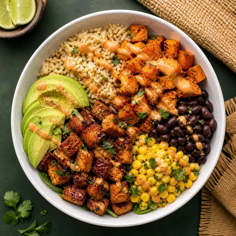 Maple Chipotle Tempeh Rice Bowls, finished dish