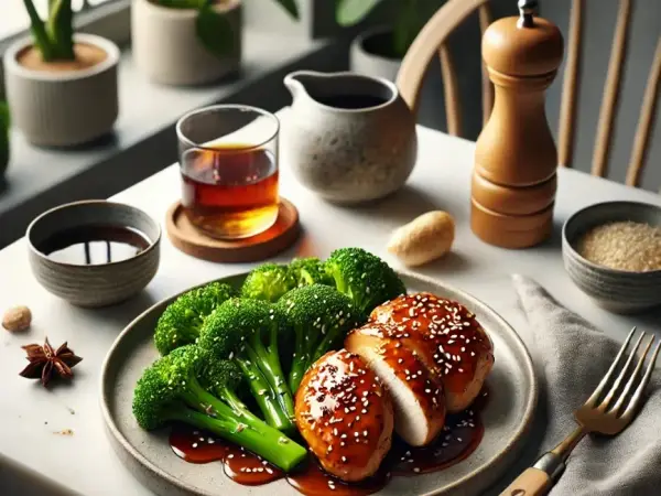 Maple Glazed Teriyaki Chicken with Sesame Ginger Broccoli, finished dish
