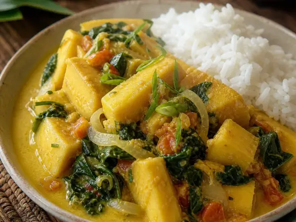 Marshallese Coconut Breadfruit Curry, plated as a finished dinner