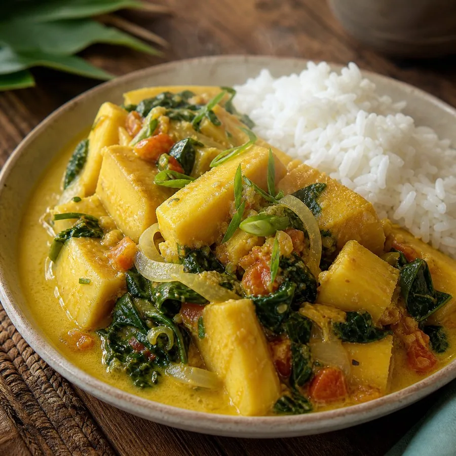 Marshallese Coconut Breadfruit Curry, plated as a finished dinner