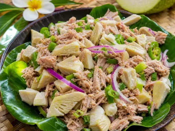 Marshallese Tuna Breadfruit Salad, plated as a finished dinner