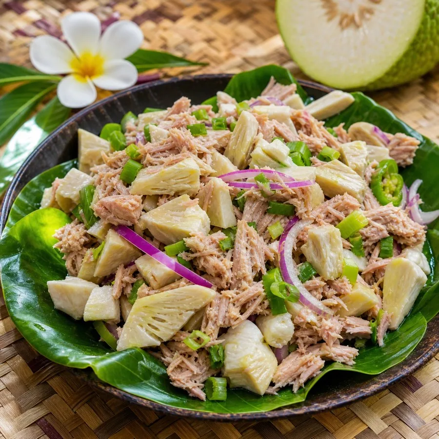 Marshallese Tuna Breadfruit Salad, plated as a finished dinner