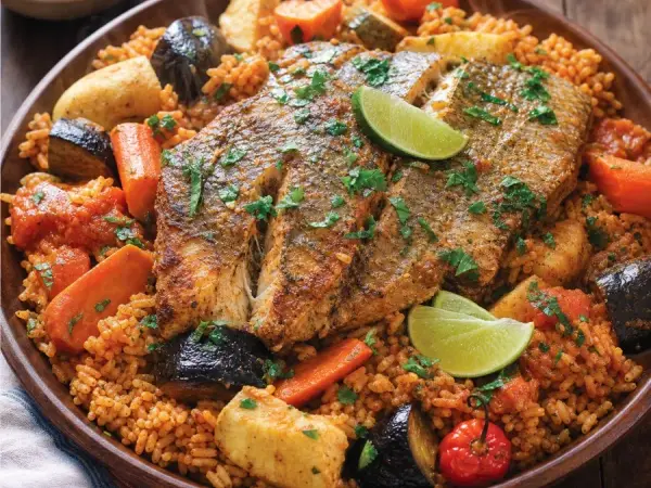 Mauritanian Thieboudienne-Inspired Fish Rice, plated as a finished dinner
