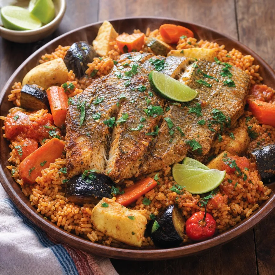 Mauritanian Thieboudienne-Inspired Fish Rice, plated as a finished dinner