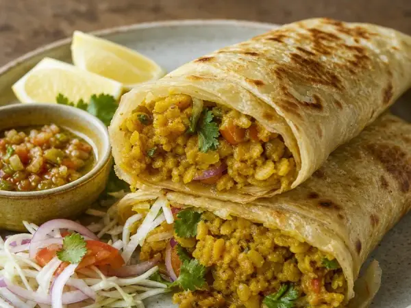 Mauritian Dholl Puri Lentil Flatbread Wraps, plated as a finished dinner
