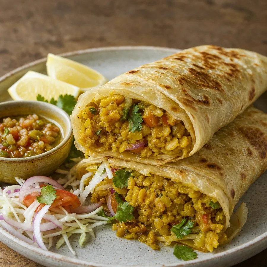 Mauritian Dholl Puri Lentil Flatbread Wraps, plated as a finished dinner