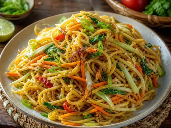 Mauritian Mine Frite Vegetable Noodles, plated as a finished dinner