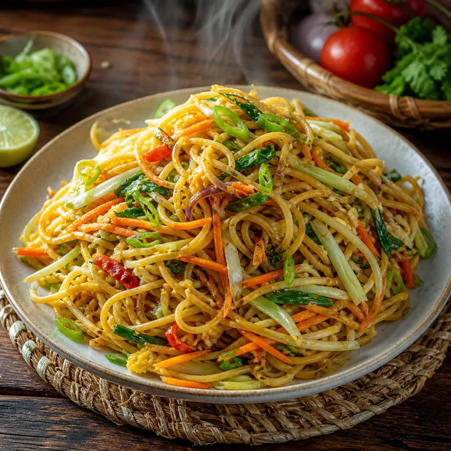 Mauritian Mine Frite Vegetable Noodles, plated as a finished dinner