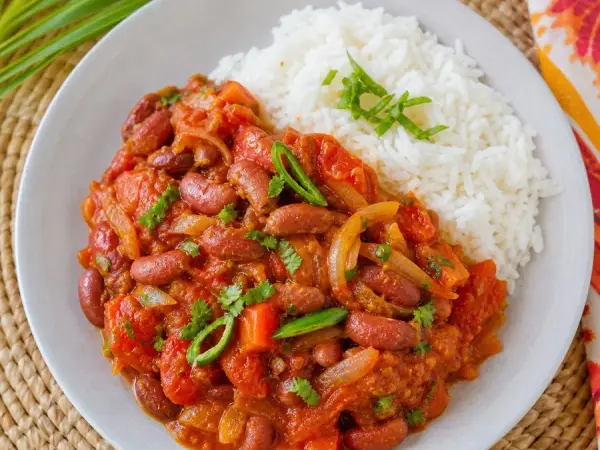 Mauritian Rougaille Tomato Bean Stew, plated as a finished dinner
