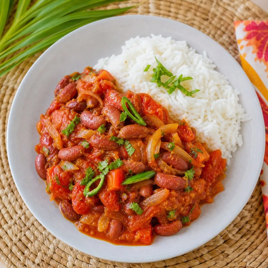Mauritian Rougaille Tomato Bean Stew, plated as a finished dinner