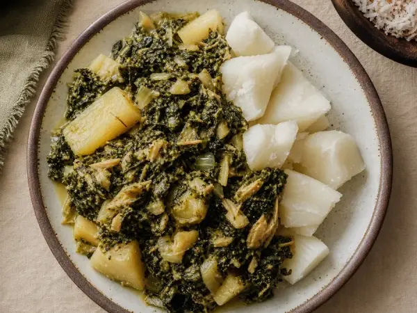Mayotte Mataba Coconut Cassava Leaf Stew, plated as a finished dinner