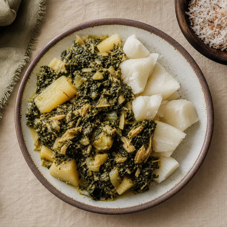 Mayotte Mataba Coconut Cassava Leaf Stew, plated as a finished dinner