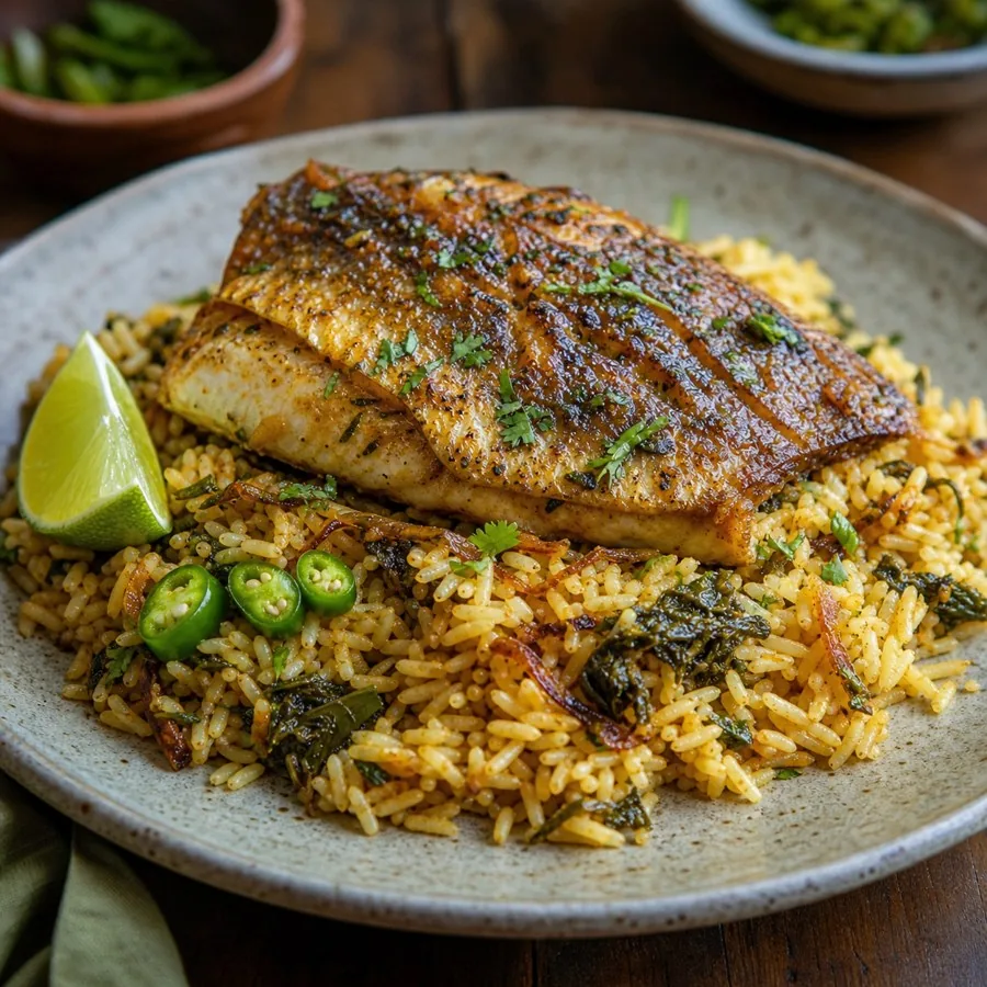 Mayotte Pilao Fish with Lime, plated as a finished dinner