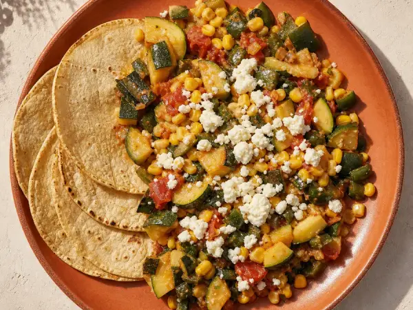 Zucchini, corn and poblano skillet topped with queso fresco and cilantro