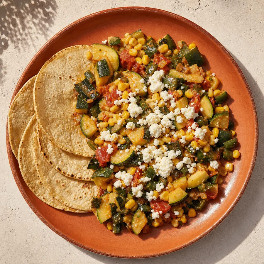 Zucchini, corn and poblano skillet topped with queso fresco and cilantro