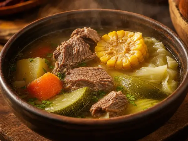Beef and vegetable soup with corn, cabbage, potato and lime