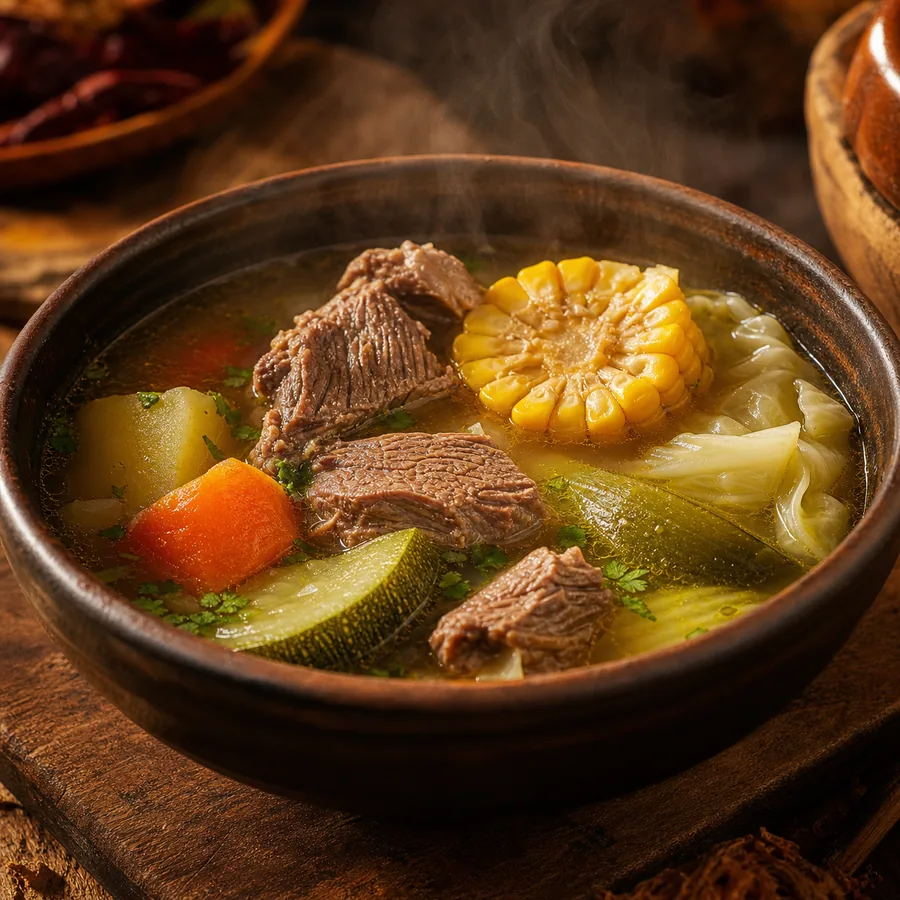 Beef and vegetable soup with corn, cabbage, potato and lime