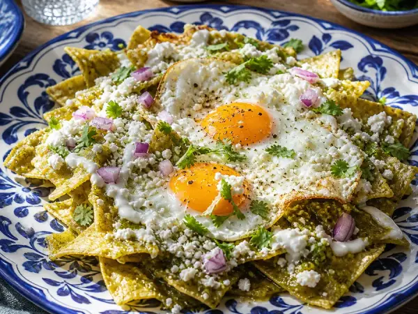 Green salsa chilaquiles with fried eggs, avocado, cheese and cilantro
