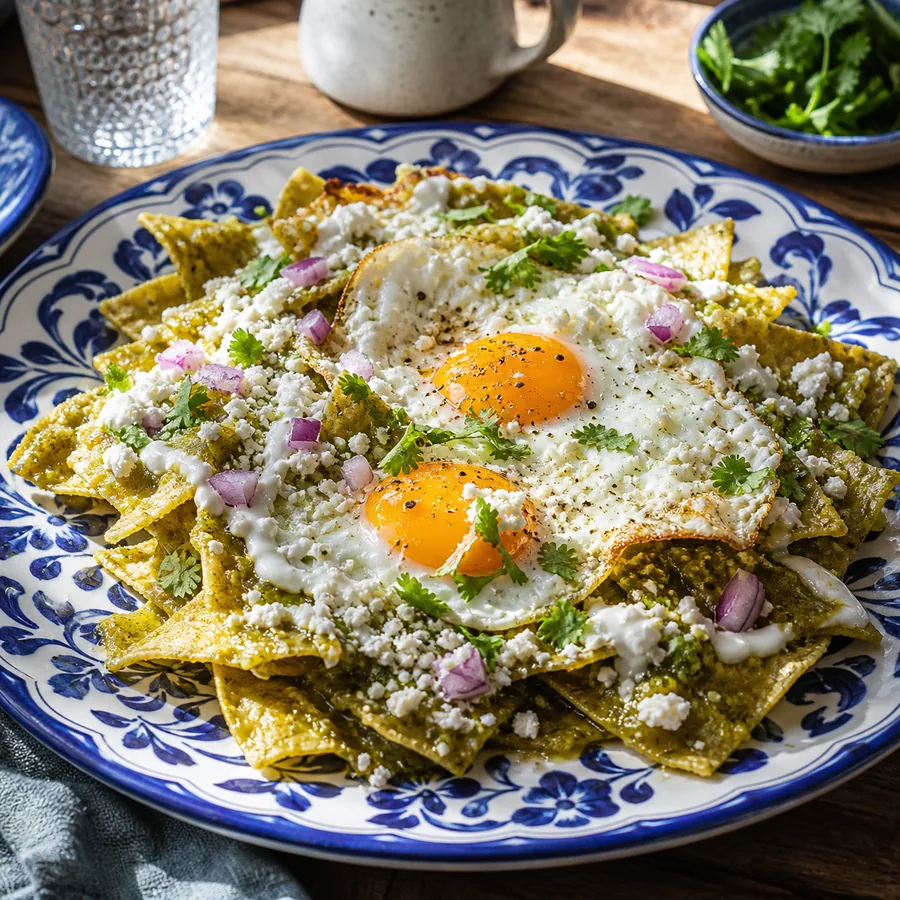 Green salsa chilaquiles with fried eggs, avocado, cheese and cilantro