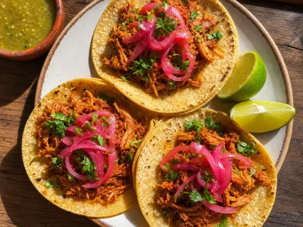 Achiote pork tacos topped with pink pickled onions and cilantro