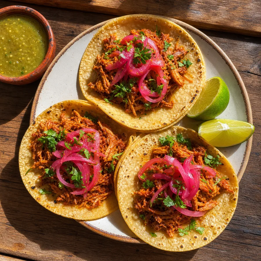 Achiote pork tacos topped with pink pickled onions and cilantro