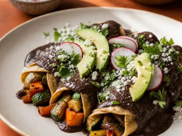 Black bean-sauced tortillas filled with roasted vegetables and avocado